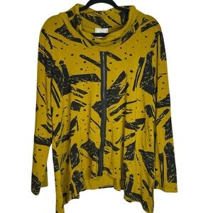 Chalet Et Ceci Zipper‎ Front Olive Green Black Abstract Print Tunic Mock Neck XL